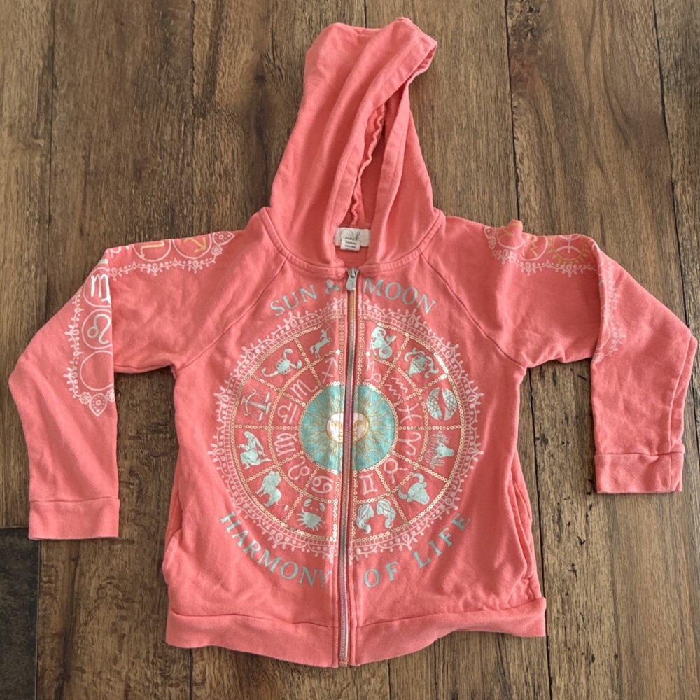 Peek Girls 8 Pink Full Zip Hoodie Knit Cotton Blend Zodiac Sun & Moon Graphic